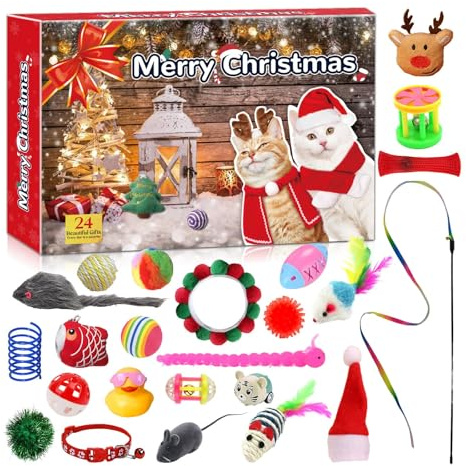 Julkatt adventskalenderlåda, 24 delar husdjurs leksaks set med interaktiva leksaker, bollar, möss, klockor, festlig samling