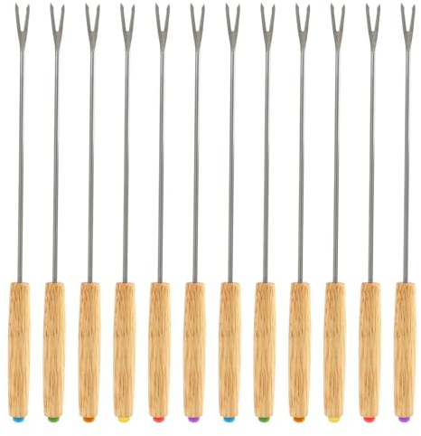 12pcs Tenedores para Fondue de Acero Inoxidable con Mango de Madera, 24 cm de Longitud, Para Fondue de Queso, Chocolate, Brochetas de Nubes en la Hoguera o Tenedores para Fruta, Cubiertos Mult