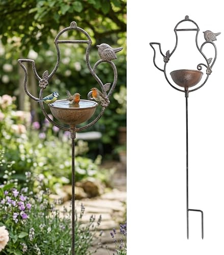 Relaxdays Abbeveratoio a teiera per Uccelli, 86×27×13 cm, ghisa, con picchetto, Ciotole Acqua e Cibo, Marrone