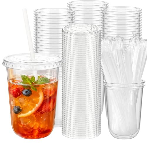 Ruioomeep 50 stycken 473 ml (16 oz) plastmuggar med lock och sugrör