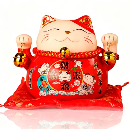 Ceramic Lucky Cat, Japanese Maneki Neko Ceramic Fortune Cat Ornament (Red) | Feng Shui Maneki Neko Lucky Cat Money Bank Decor Ornament for Home Business Office