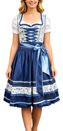 Generisk festlig Dirndl-klänning med blommigt satinbroderi – elegant oktoberfest kostym med volangförkläde, bayersk stil
