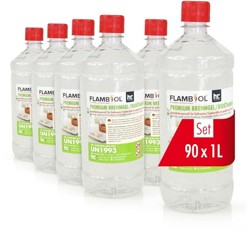 FLAMBIOL® Bioéthanol Premium en Gel 90 x 1 L – Combustible Longue Durée, Idéal pour Cheminées d'Intérieur et d'Extérieur – Formule Améliorée et Écologique, Fabriqué en Allemagne