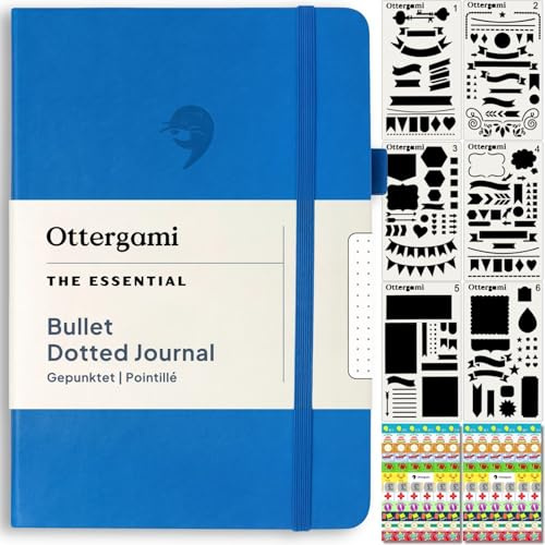 Ottergami Bullet Journal Pointillé A5, 200 Pages, Bleu - Carnet de Notes A5, 15 x 21 cm, The Essential Papier 100g/m² Contre les Bavures, avec Élastique - Pochoirs, Autocollants, Porte-Stylo