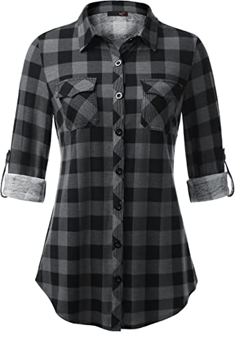 DJT Damen Weiches Gestrick Karierte Bluse Langarm 3/4 Roll Up Ärmel Hemdbluse Button-down Blusen Schwarz S