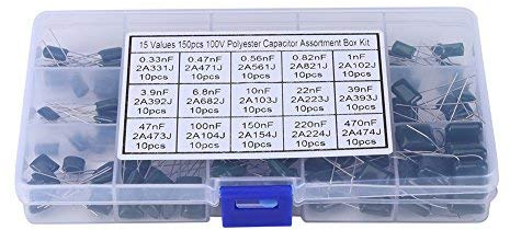 15 värde 150 stycken polyesterkondensatorer sortiment kit box 100 V 0,33 nF 470 nF film kondensatorer set med plastlåda