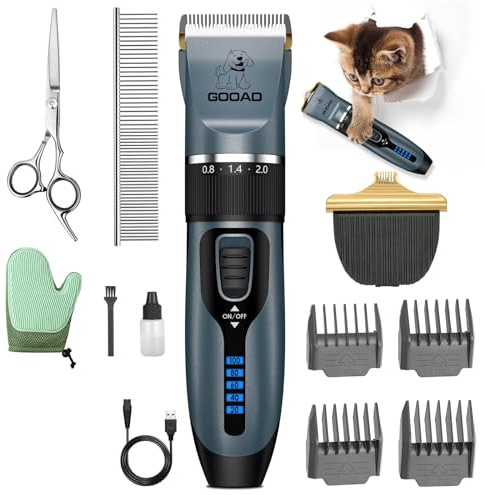 Gooad Professional Cat Clippers & Dog Grooming Kit, Cordless Low Noise Clippers for Thick & Matted Coats, Quiet Shaver Hair Trimmer with Paw Trimmer for Pets (Blue)
