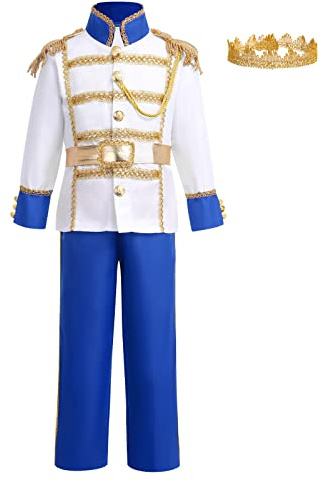 FYMNSI Prince Charming Costume for Kids Boys Halloween Cosplay Toddler Royal Prince Outfits Medieval Knight Costume Boys King Cosplay Dress up Jacket Pants Crown Belt Royal Blue 4PCS 3-4T