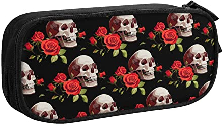 FJAUOQ Skull and Red Rose Pencil Case Compartments Pen Pouch Box Multifunctional Makeup Bag Holder Large Storage Stationery Organizer with Zipper for Office Travel