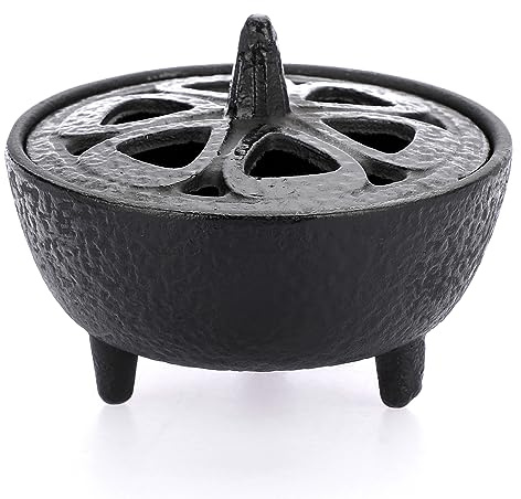 JUXYES Vintage Tripod Incense Burner Holder with Lid, Cast Iron Incense Holder Metal Cauldron Censer Antique Cone Coil Incense Burner Holder for Incense Resins, Charcoal, Cones or Wax Melts