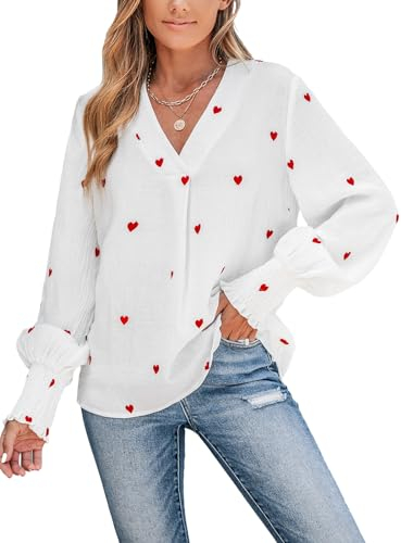 CUPSHE Damen Blusen V-Ausschnitt Liebesherz Stickerei Langarm Volants Rüschen Oberteile Elegant Hemd Top Shirts Weiß M