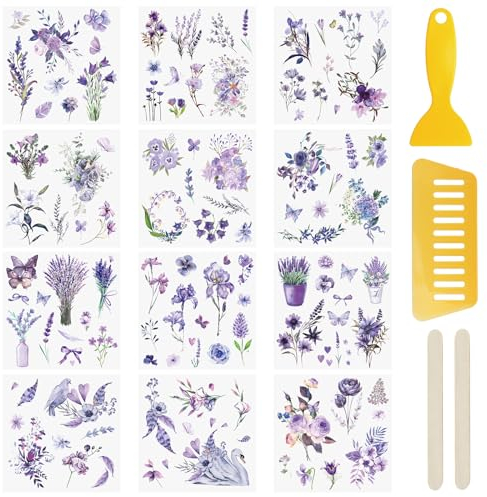 WANDIC 12 Blatt Transfer-Aufkleber, Violette Blumen-Aufkleber, wasserdicht, Tagebuch, Album, Aufkleber, Möbel, Handwerk, Abziehbilder für DIY Scrapbooking