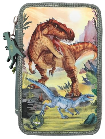 Depesche 11772 Dino World 3 Fach Federtasche LED Landschaft, grün