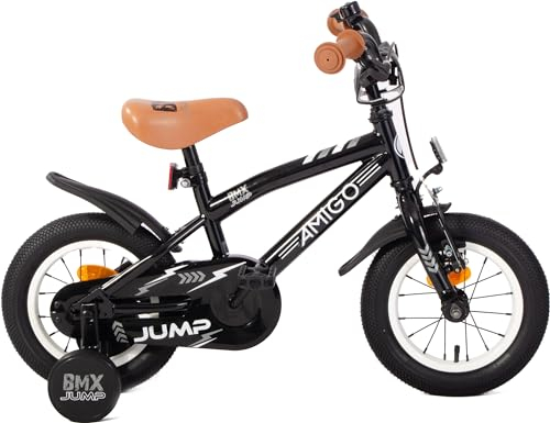 AMIGO BMX Jump - Kinderfahrrad Jungen - 12 Zoll - Mit Rucktrittbremse und V-Brake und Stützräder - ab 3-4 Jahr - Schwarz/Weiß