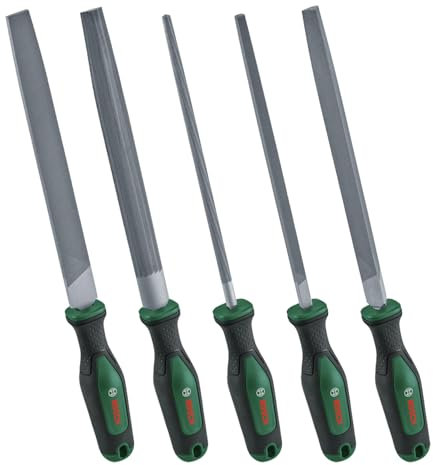 Bosch Juego de limas 5 pza. (metal robusto, forma redonda/semirredonda/plana/triangular/cuadrada; acero al carbono duro; mango de 200 mm; carrera media 2; mango suave, ergonómico)