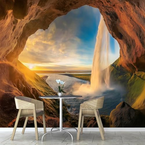 Murales Papel Pintado Salon Cueva Cascada Puesta Sol, 150×105cm Fotomurales 3D tela de seda Papel Tapiz， Paisaje Natural Fotográfico Decorativos Murales Dormitorio Oficina Hotel