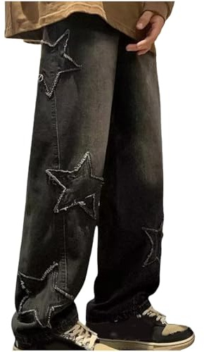 Mrat Men's Jeans Y2k Hip Hop Baggy Pants Straight Leg Stars Graphic Denim Trousers Vintage High Waisted Trousers Emo Grunge Pants Pockets Streetwear Dance Skate Biker Jeans Loose Casual Stretch