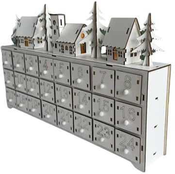 Uqezagpa Calendario de Adviento con luz LED de madera con 24 cajones, calendario de cuenta regresiva para decoración de escritorio, Navidad única