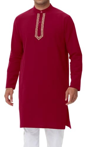 NANAMEEI Kurta Homme Manches Longues Traditionnel Tunique Musulman Ensemble Qamis Indienne Homme Rouge Brique 3XL