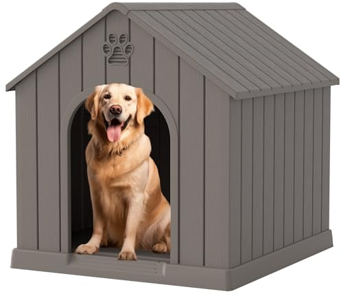 Fancyango Large Dog House Outdoor Indoor for Medium Large Dogs, Sturdy Plastic Waterproof Doghouse with Air Vents and Elevated Floor, Easy Clean and Assemble (Light Grey, 36.2''L×38''W×38''H)