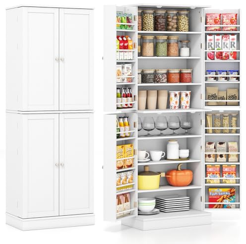 COSTWAY 166.5cm Tall Kitchen Cupboard, 4-Door Buffet Pantry Storage Cabinet with Two 4-tier Cabinets, 6 Adjustable Shelves & 16 Door Shelves, Freestanding Sideboard Organizer for Dining Living Room