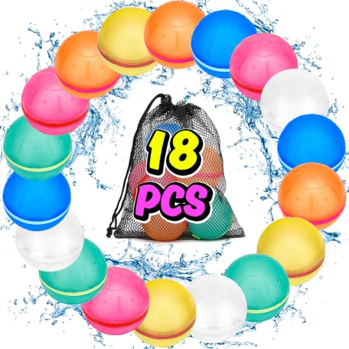Bombes à eau Réutilisables, 18 Pièces Ballons Bombes d'eau à Fermeture Automatique, Rechargeables, jouets d’eau pour Piscine, Jardin, Extérieur et Parc Aquatique
