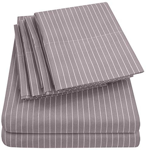 Sweet Home Collection King Size Bed Sheets - 6 Piece 1500 Supreme Collection Fine Brushed Microfiber Deep Pocket King Sheet Set Bedding - 2 Extra Pillow Cases, Pinstripe Gray