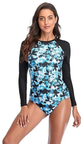 Sillictor Rash Vest Women Swimming Tops UV Womens Swim Shorts and Top Set Ladies 2 Piece Long Sleeve Swimsuits for Women Rash Guard Shirts with Build in Bra for Surfing,Quick Dry 172 Blue S