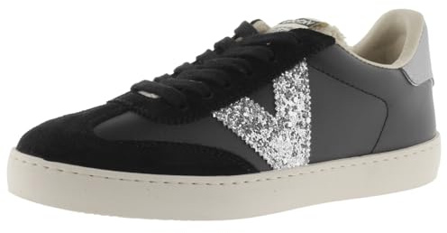 Victoria Basket Basse Berlin Ciclista Effet Cuir & Pièces en Croûte De Cuir & Logo Pailleté 1126185 pour Femme Negro 36