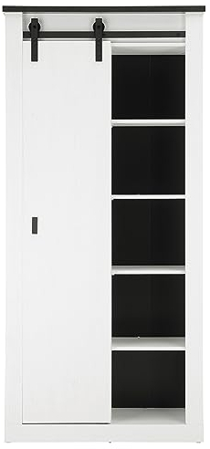 Furn.Design Badezimmerschrank Hochschrank weiß Pinie Holz und schwarz/anthrazit Badschrank Badmöbel im industriellen Stil mit SchiebetürStove (Großer Hochschrank)