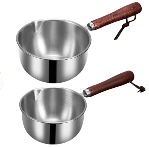 2 Stück Milchtopf mit Ausgießer: Pfanne Stielkasserolle 304 Edelstahl mit Holzgriff, Milchtopf Induktion Butter Warmer Topf Auflauftopf Ölpfanne Kleiner Topf für Küche Gasherd(300 ml + 400 ml)