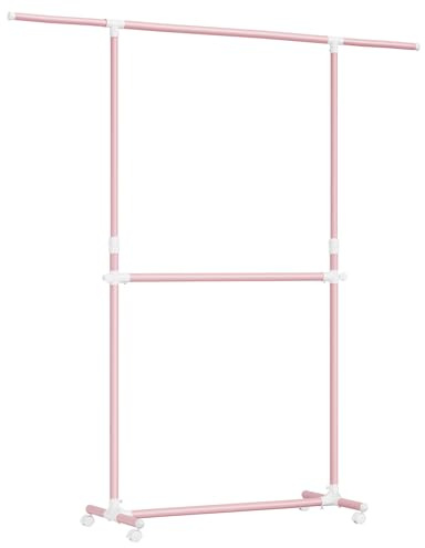 SONGMICS Burro de Ropa con Doble Barra, Perchero con Ruedas Extensible, Altura Ajustable 113-180 cm, Barra Central Ajustable, Rosa Jalea LLR401R01