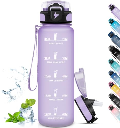 Grsta Gourde 1l, Gourde Sport avec Paille, Graduée avec Slogan de Motivation, Gourde Motivation anti Fuite, Facile à Nettoyer, Adulte pour Running, Camping, Randonnée,