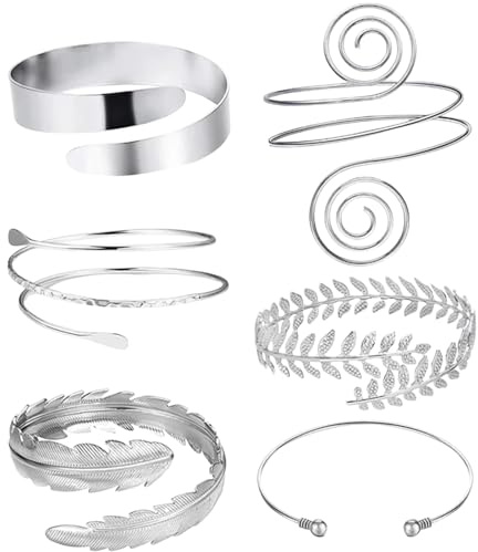 Générique 6 pièces de brassards pour le haut du bras avec bracelets pour femme, ensemble de brassards réglables en argent et or Bleu Bracelet Couple Inoxydable Noir Bijoux (Silver, One Size)