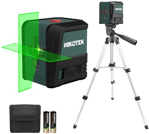 Laser Wasserwaage mit 66cm-Stativ, Nikotek Selbstnivellierende GrüneKreuzlinienlaser, Horizontale und Vertikale Linienlaser für Bau/Bilderaufhängung/Heimwerken, IP54, 2 AA-Batterien, Tragetasche