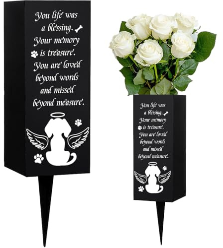 WEBEEDY Dog Cemetery Vases Dog Metal Grave Vases with Spikes Dog Angel Wings Pattern Black Sympathy Memory Sign Cemetery Decorations for Grave Decor Funeral Happy Heavenly Birthday,8x20 cm