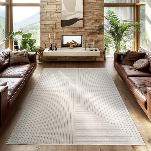 SIMPEX Outdoor Teppich Wetterfest, Wohnzimmer, Schlafzimmer, Wintergarten, Kurzflor Creme, Hoch-Tief-Effekt, weich & waschbar, Outdoor geeignet, 120x170 cm