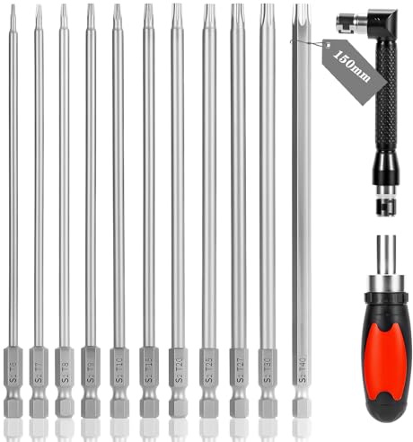 FIFIBANG 11Pcs Tournevis à Main Sets Magnétique, 150mm Embouts de tournevis Torx avec 2 Tournevis À Cliquet, T5 T6 T7 T8 T9 T10 T15 T20 T25 T27 T30 T40 Tamper Proof tourneviss embout magnétiqu
