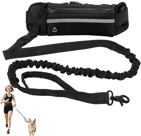 CUVZORA Joggingleine Hunde, Freihandleine Laufleine mit Bauchgurt abnehmbare, Hüfttasche 125 bis 155cm Bungee Laufleine für mittelgroße große Hunde, ideale Hundeleine für aktives Laufen (Schwarz)
