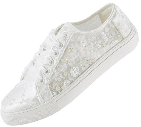 Mrs White 883-10 Baskets Mariage Femme Dentelle Broderie Florale Lacets Ruban Chaussures Mariée Plates Confortables Couleur Ivoire,Taille 41 EU