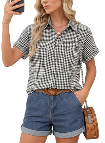 Kistore Button Down Shirts for Women Summer Tops Plaid Short Sleeve Dress Shirts Cotton Loose Casual Work Collared Blouse Black L