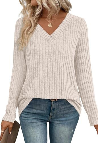 Aokosor Long Sleeve Tops Women Lightweight Women's Jumpers V Neck Beige Tunic Tops Size 14-16