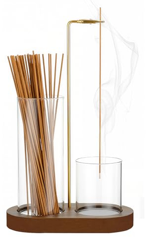 INMORVEN Incense Holder, Wooden Upside Down Incense Stick Holders with Glass Ash Catcher, Incense Burner for Yoga, Spa, Zen Meditation, Home Relaxation Décor (Brown)