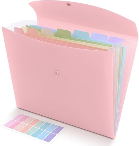 SKYDUE Dokumentmapp A4, Utbyggbar Mapp Med 8 Fack Och Färgade Flikar För Skola Och Kontor (Rosa)