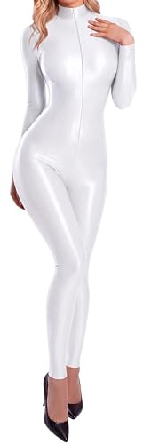 FEOYA Body brillant pour femme - Combinaison une pièce - Catsuit effet mouillé - Fermeture éclair - Body sport - Col roulé - Combinaison intégrale - Yoga - Jumpsuit à manches longues - Taille M - L