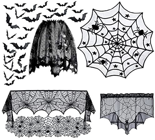 Masyrt 21 St Halloween Dekorationer Kit Svart Spets Spiderweb Rund Duk Bordslöpare,Spiderweb Öppen Spis Scarf Spider Lampskärm med 16 St Bat Wall Stickers för Halloween Party