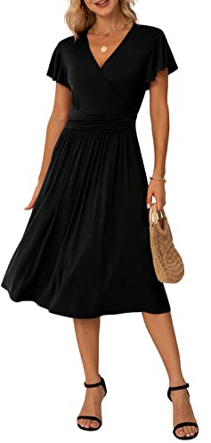 GRECERELLE Robe d'été pour femmes, robe portefeuille décontractée à manches courtes à volants, col en V, motif floral, pour la plage, 01 Noir, L