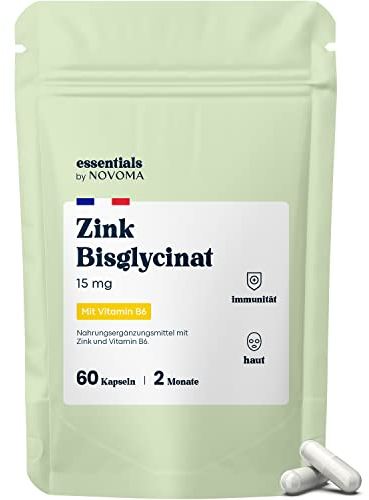 Zink 15mg + Vitamin B6, 60 Kapseln (2 Monate), Premium Zink-Chelat von Albion®, Hochdosiert mit 15mg Elementares Zinc pro Kapsel, Für Immunsystem, Vegan, Essentials by Novoma