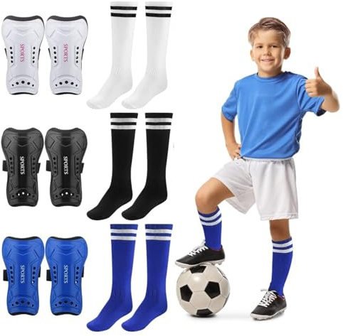 3 Pairs Soccer Shin Guards for Kids Youth+ 3 Pairs Long Soccer Socks Flexible Football Shin Pads Shin Protectors for 6-15 Years Old Boys Girls Children Teenagers for Football Games (M 3'11-5’4 Tall)