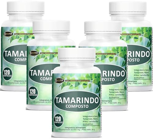 Tamarindo Composto Integratore Alimentare Benessere Intestinale. Con:Tamarindo, Altea, Malva, Mannitolo, Fibra di guar e il Ceppo Probiotico Lactobacillus Acidophilus. 5 flaconi da 120 Compresse